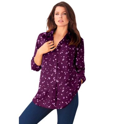 Plus Size Women's Plus Size Kate Long Sleeve Easy Cotton-Blend Button-Front Shirt by Roaman's in Dark Berry Ditsy (Size 36 W) Button Down Shirt Blouse