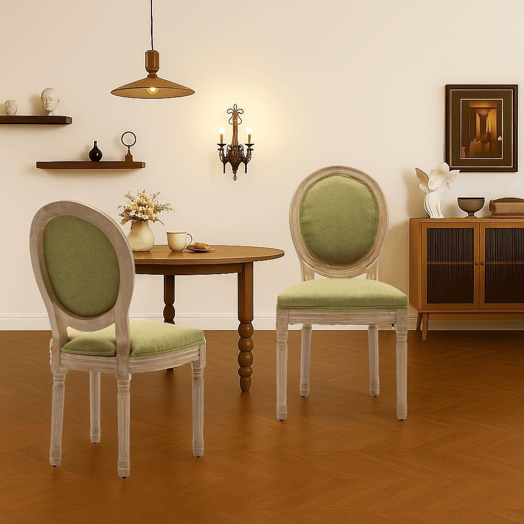 Vintage French Style Set of Two Linen Upholstered Dining Chairs with Solid Rubberwood Frame Legs