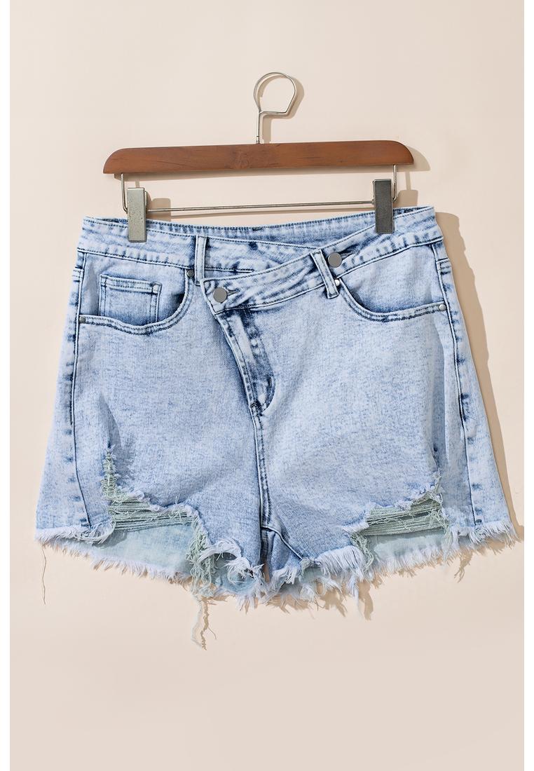 Helle Blaue Acid-Wash Gekreuzte Rohrand Jeansshorts Image