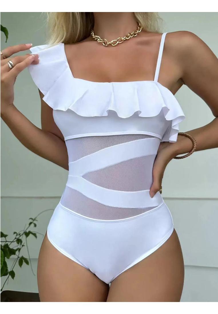 Damen asymmetrischer Volant Eintstück Badeanzug Image