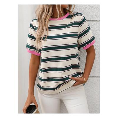 Damen T-Shirt mit kontrastierenden Streifen und Rundhalsausschnitt, kurzärmelig Image