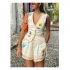 Damen Set mit besticktem V-Ausschnitt und Shorts
