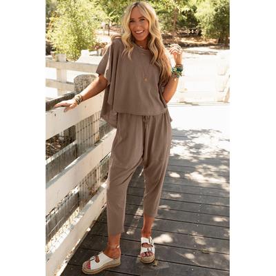 Azura Exchange Einfach Taupe Hoch-Tief Boxy Fit T-Shirt und Cropped-Hosen Set Image