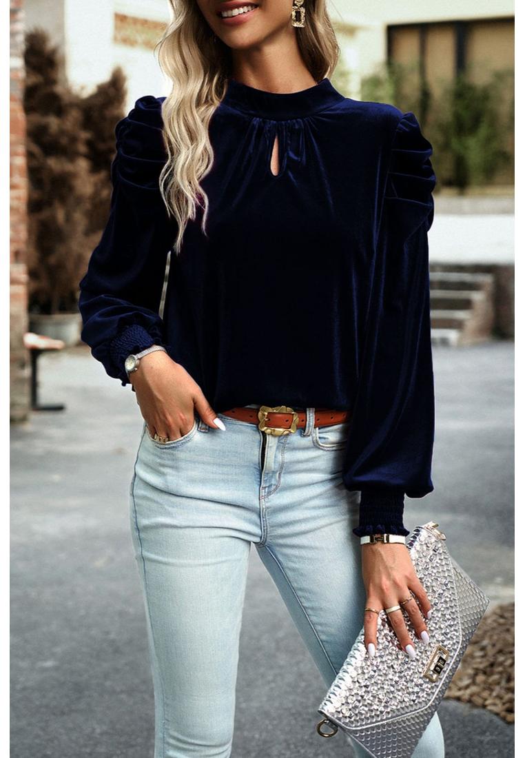 Damen Krawattenverschluss Hochkragen Samtstoff Bluse mit langen Ärmeln Image
