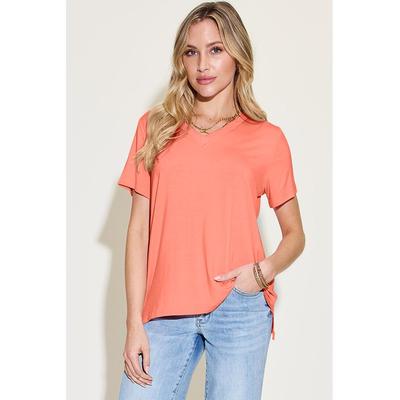 Damen Basic Bae Bambus T-Shirt in voller Größe mit V-Ausschnitt und asymmetrischem Saum Image