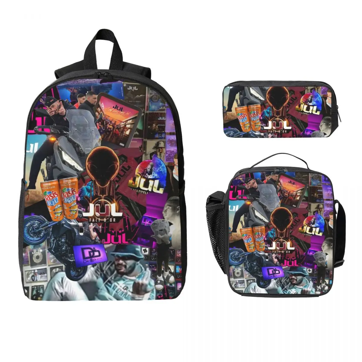 Jul France rappeur sac à dos étudiant garçons filles BookBag sac d'école ordinateur portable sacs à bandoulière 3ps sac à déjeuner isolé trousse à crayons