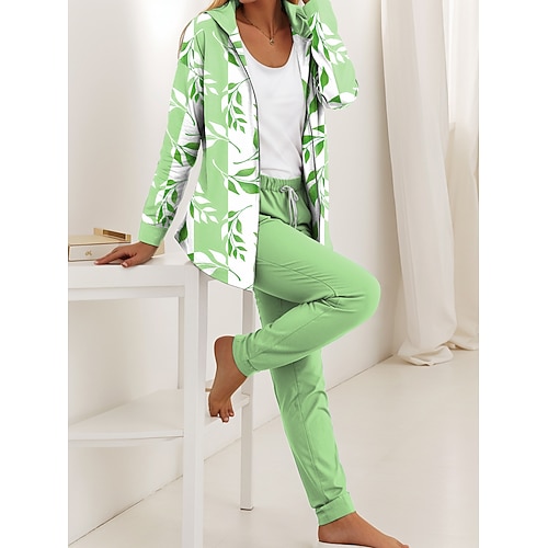 Completi da donna 2 pezzi con felpa e pantaloni set a maniche lunghe cappuccio quotidiano stampa grafica floreale con foglie cerniera casual blu viola verde autunno vestibilità regolare