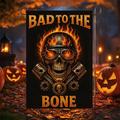 Striscione con bandiera da giardino di Halloween – scena di sedia scheletrica just waiting for Halloween, bandiera da giardino bifacciale resistente alle intemperie per prato esterno per le festività di Halloween 2025, decorazione per portico