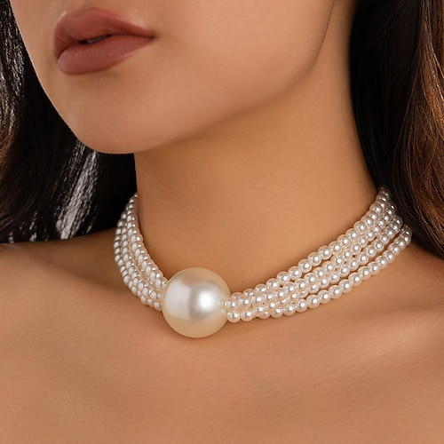 Collana girocollo con perle da donna - collana multifilo in perle sintetiche con perlina oversize, gioiello di ispirazione vintage per donne, ideale per cocktail party e occasioni formali