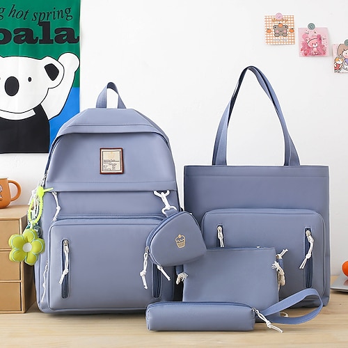 Set di zaini 5 in 1 in tinta unita per ragazze: elegante borsa scolastica blu con borsa tote, tracolla, astuccio e pochette per studenti adolescenti e per l'uso nel campus