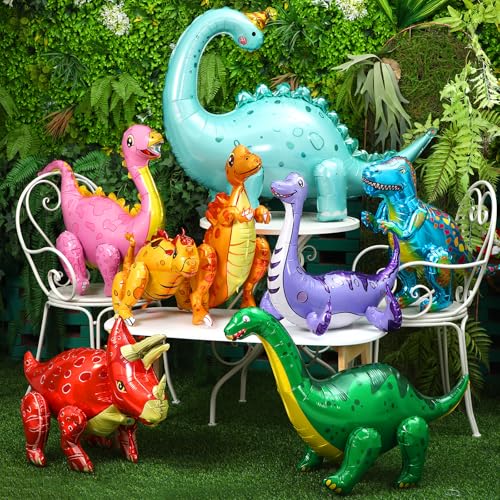 Vinsot 8 Pack 39" Giant Inflatable Dinosaur Toy for Birthday Party Decorations 3D Dinosaur Balloons Self Standing Dino Aluminum Foil Balloons for Garden Jungle Party Gift Photo Prop Supplies (Vivid)