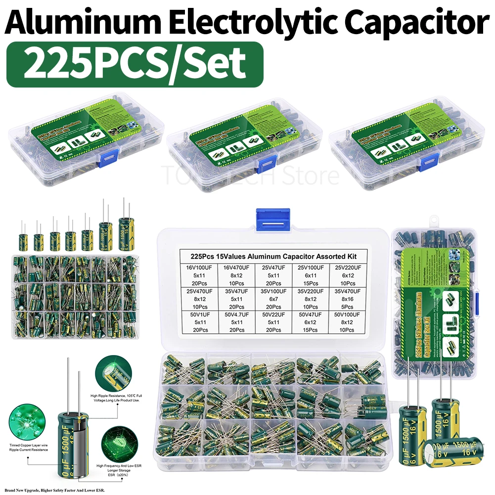 15 Werte, 225 Stück/Set, variable Kondensatoren, sortiertes Kit, Hochfrequenz-Aluminiumkondensatoren mit niedrigem ESR und Aufbewahrungsbox Image