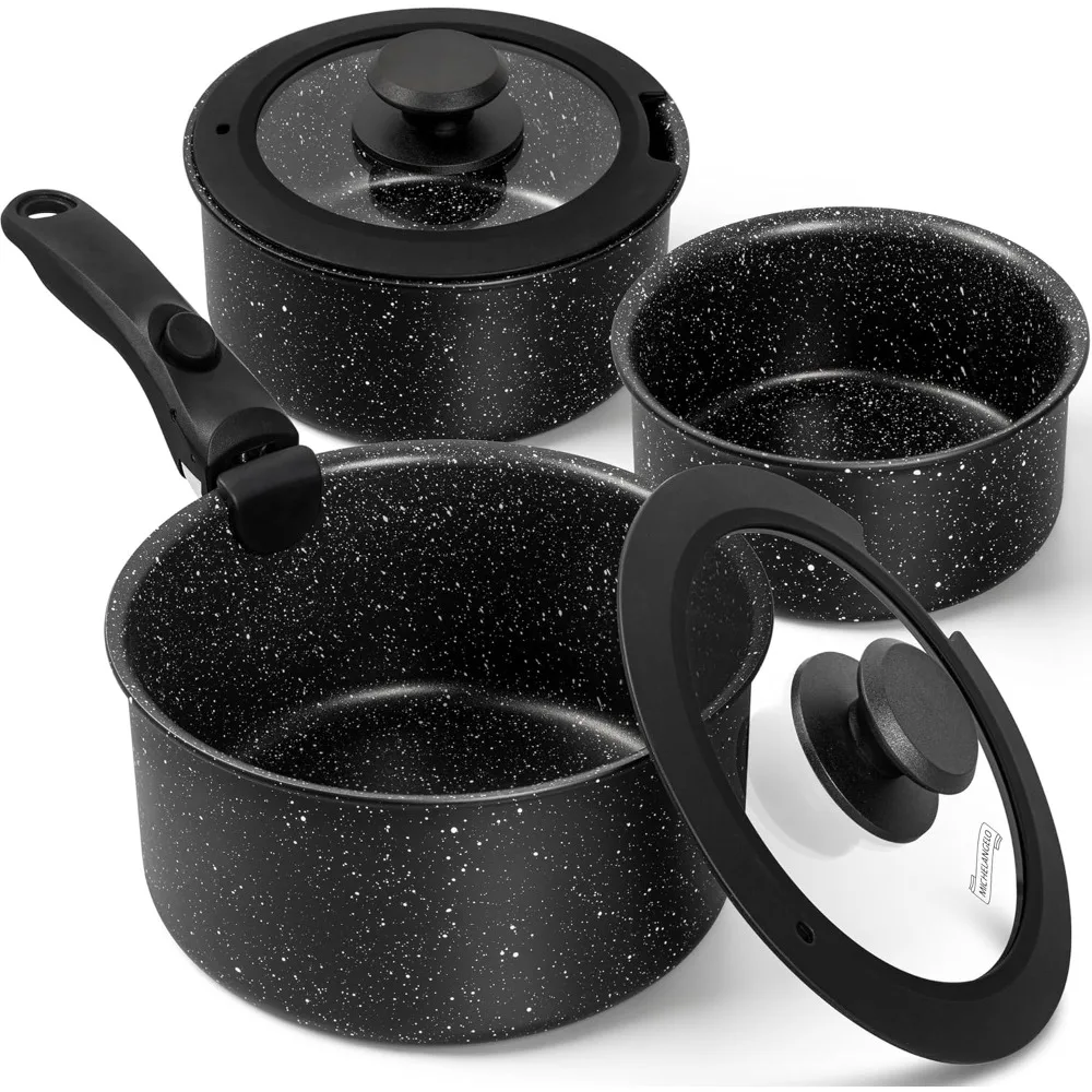 MICHELANGELO 6-teiliges Saucenpfannen-Set, antihaftbeschichtete 1Qt / 2 Qt / 3Qt Töpfe mit abnehmbaren Griffen, ungiftiges stapelbares Topfset, ofensicher Image