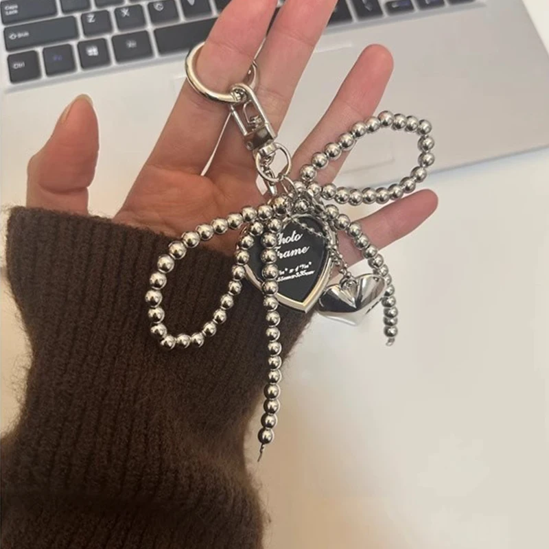 Niedlicher Schlüsselanhänger mit Schleife und Herz, kreativer zarter Schlüsselanhänger, Perlen, Handy-Lanyard, für Damen und Mädchen, Tasche zum Aufhängen Image