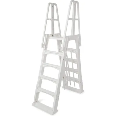 SLA A-Frame 48 to 56 Inch Adjustable Above Ground Swimming Pool Ladder Entry System with Slide Lock Barrier and Handrails, White