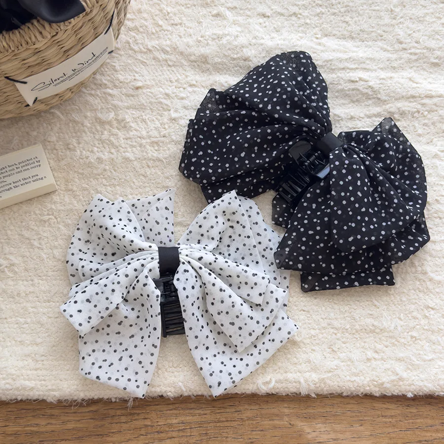 Polka Dot Mesh Große Schleife Haarspange für Frau Weiß Schwarz Elegantes Temperament Hinterkopf Greifklammer Mode Mädchen Haarklemme