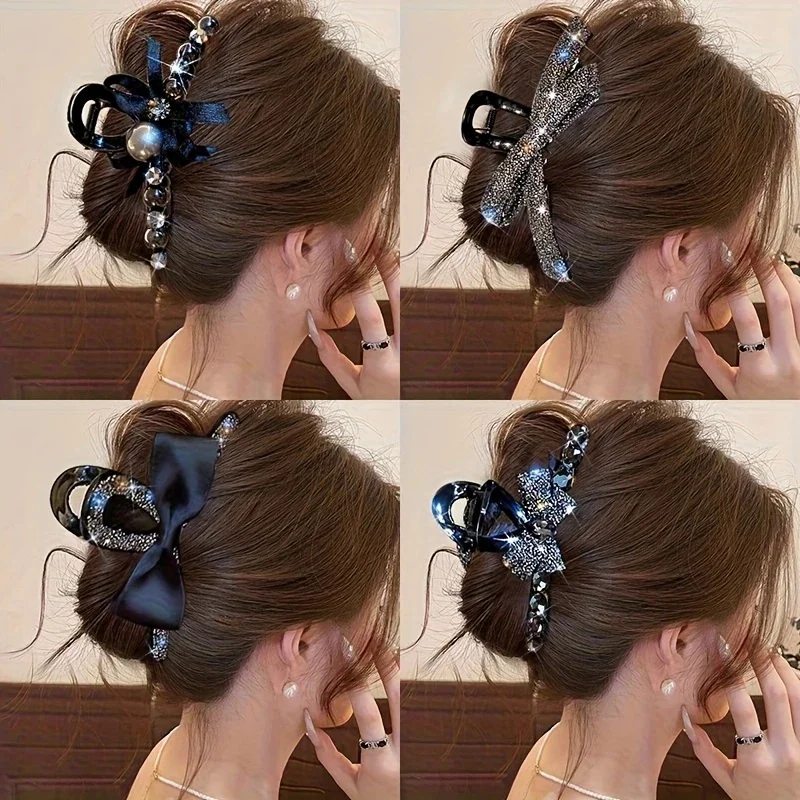 4 Stück elegante Haarklammern mit Schmetterlingsschleife für Damen, modische Strass-Haifischklammern, stilvolle Hochsteckfrisur, geeignet für den täglichen Gebrauch, Haar-Accessoires Image