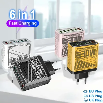 6 in1 USB PD Charger Fast Charging Quick Charger For Samsung Xiaomi Mobile Phone Charge Adapter EU/US/UK Plug