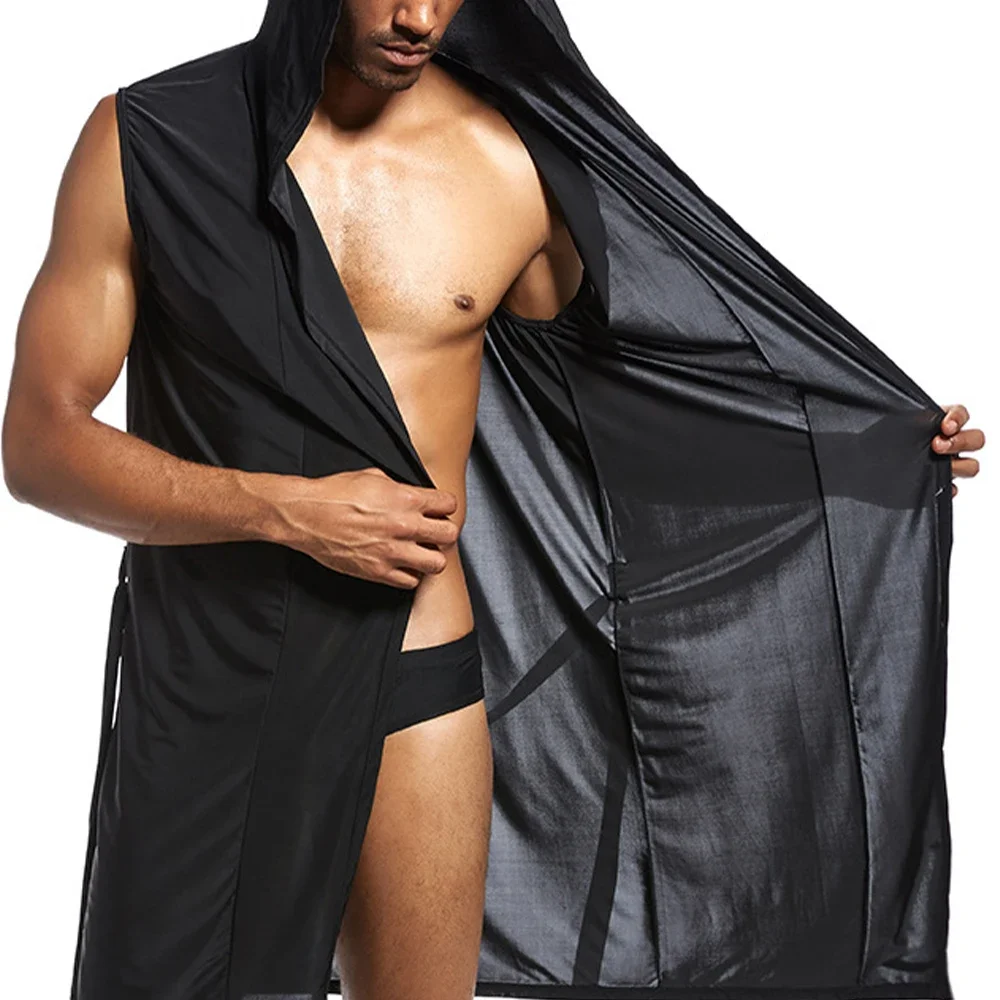 Herren-Bademantel für Zuhause, ärmellos, seidig glatt, weich, mit Kapuze, Schlafmantel, Pyjama, bequem, ultradünn, Dessous, lockere Badeanzüge Image