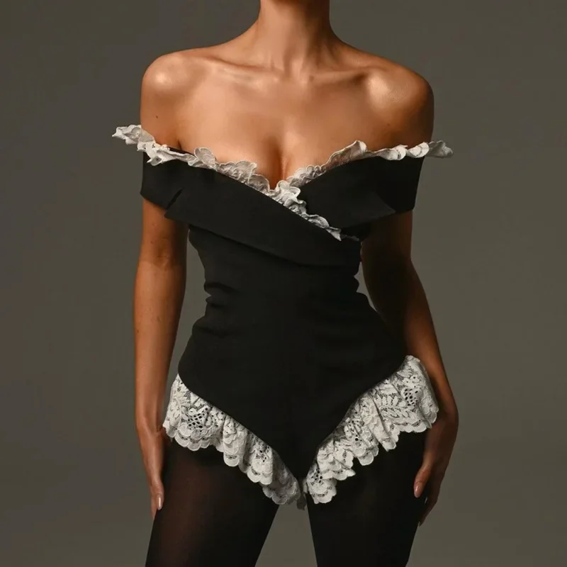 Schwarzer Spitzen-Overall für Damen, sexy, schulterfrei, Spitze, hohe Taille, schlanker Body, ärmellos, figurbetont, Party, weibliche Outfits, Y2k Image