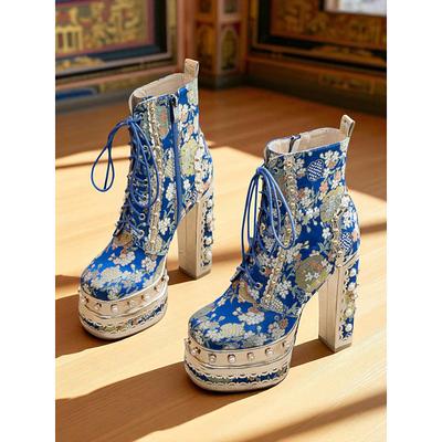 Women's Gold Brocade Lace-Up Platform Boots with Rhinestone Embellishments - 1970s Glam Rock Revival Chunky High Heels for Ladies, Ideal for Cosplay, Stage Performance, and Gothic Party Outfits