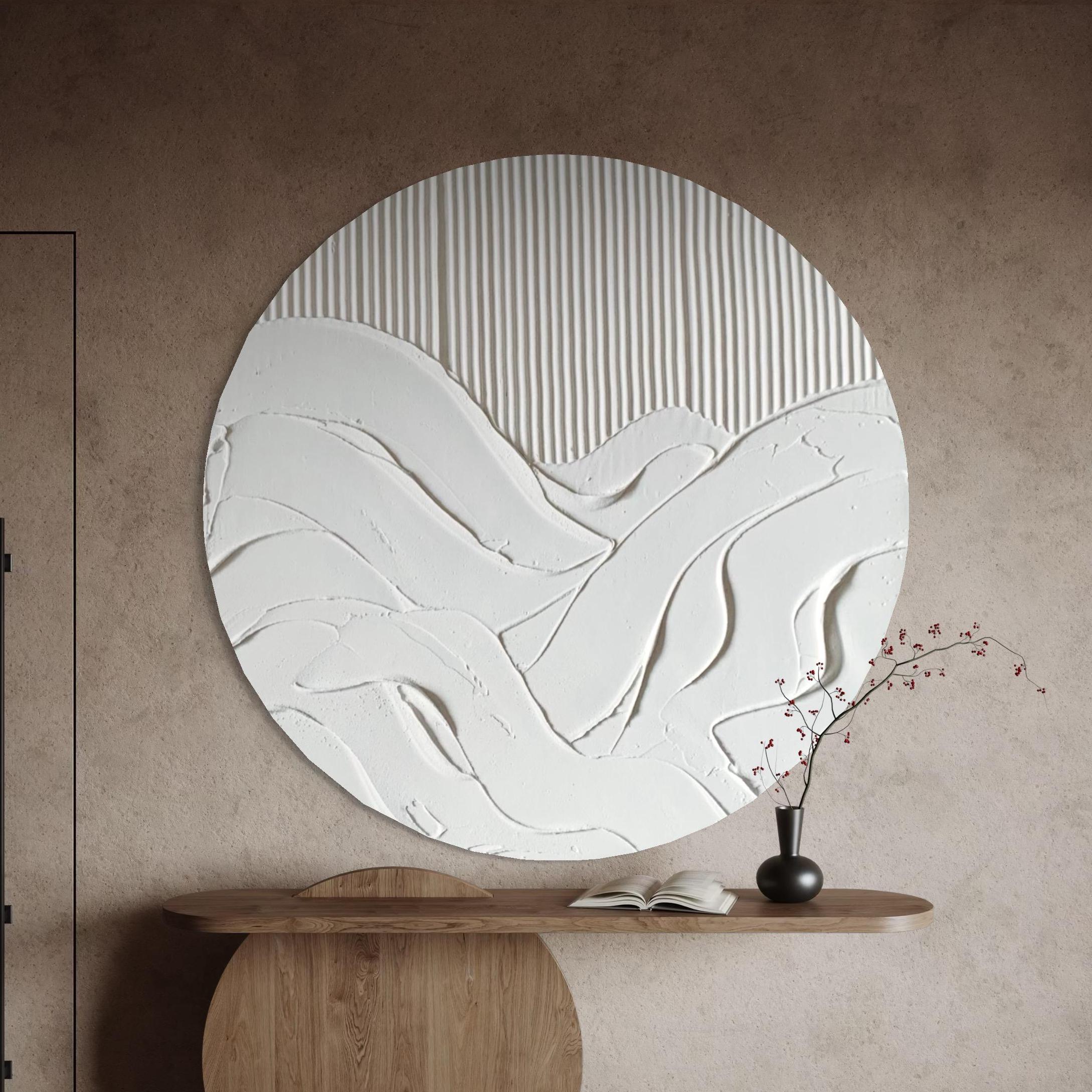 KERES WHITE Wall Art Circle Modern Textured Art Plaster Art 3D Minimalist Original Artwork Abstract Canvas Large Round Painting Wall Decor