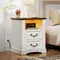 Farmhouse Nightstand with Charging Station, LED End Table with 2 Drawers, Wooden Rustic Sofa Side Table, Bedside Table for Bedro