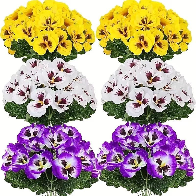 6 Bundles Artificial Pansy Flowers for Outdoor Indoor Use, Weather Resistant Fake Plastic Plants for Garden, Home Decor, White Purple Yellow