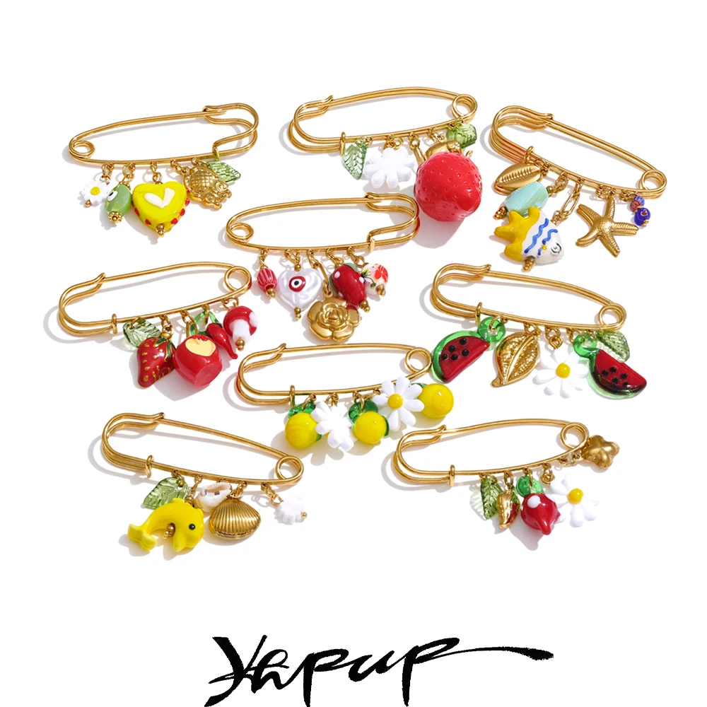 Yhpup 1 Stück Mode Kunststoff Erdbeere Obst Herz Blume Muschel Tropfen Charm Verschluss Pin 18 Karat vergoldet Edelstahl Schmuck Image
