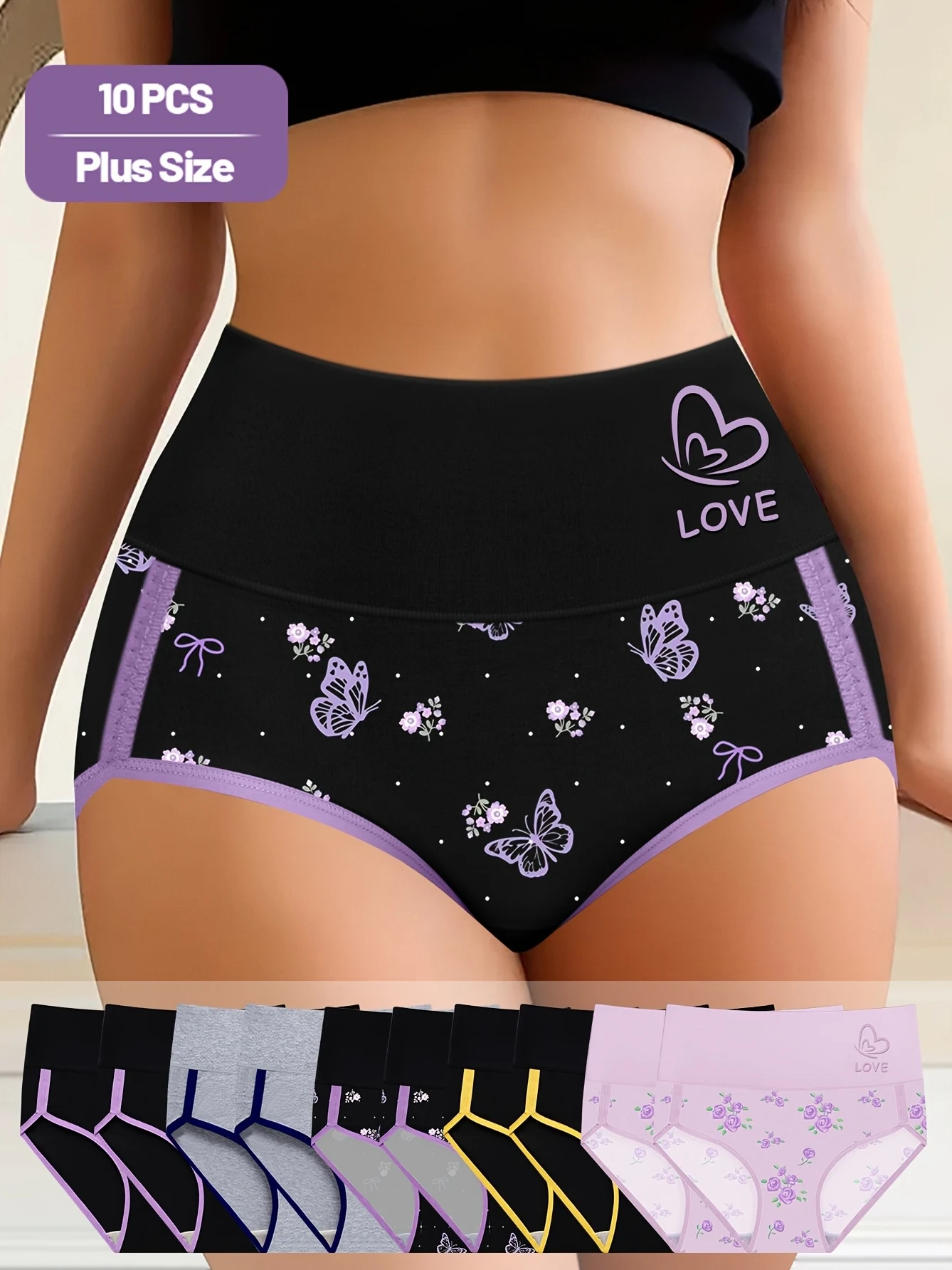 10er-Pack Damenhöschen in Übergröße, mittelhoher, bequemer Slip mit Farbblock-Bauchkontroll Image