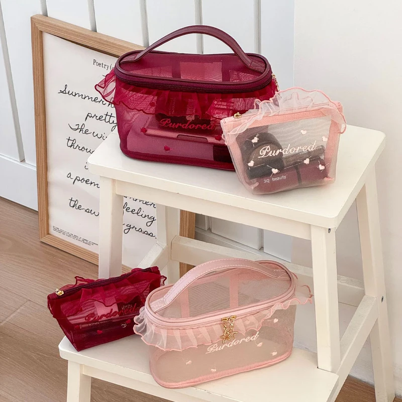 Frauen Kosmetik Tasche Mesh Spitze Einfarbig Vielseitig Süße Make-Up Tasche Tragbare Atmungsaktive Große Kapazität Lagerung Taschen Für Mädchen Image