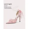 Frühling und Sommer neue Perle Blume Band Schleife rosa Stoff Sandalen dünne hochhackige Bankett große Größe kleine Damenschuhe