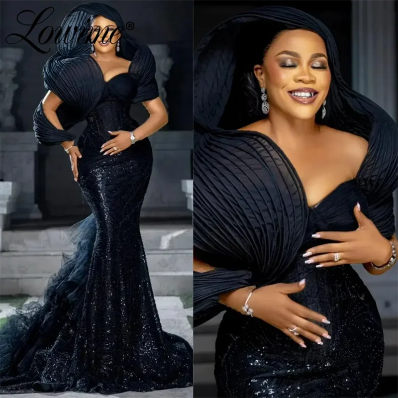 2024 elegante schwarze Abendkleider aso ebi Meerjungfrau Ballkleid plus Größe von der Schulter Promi Party Kleider Robe de Soiree