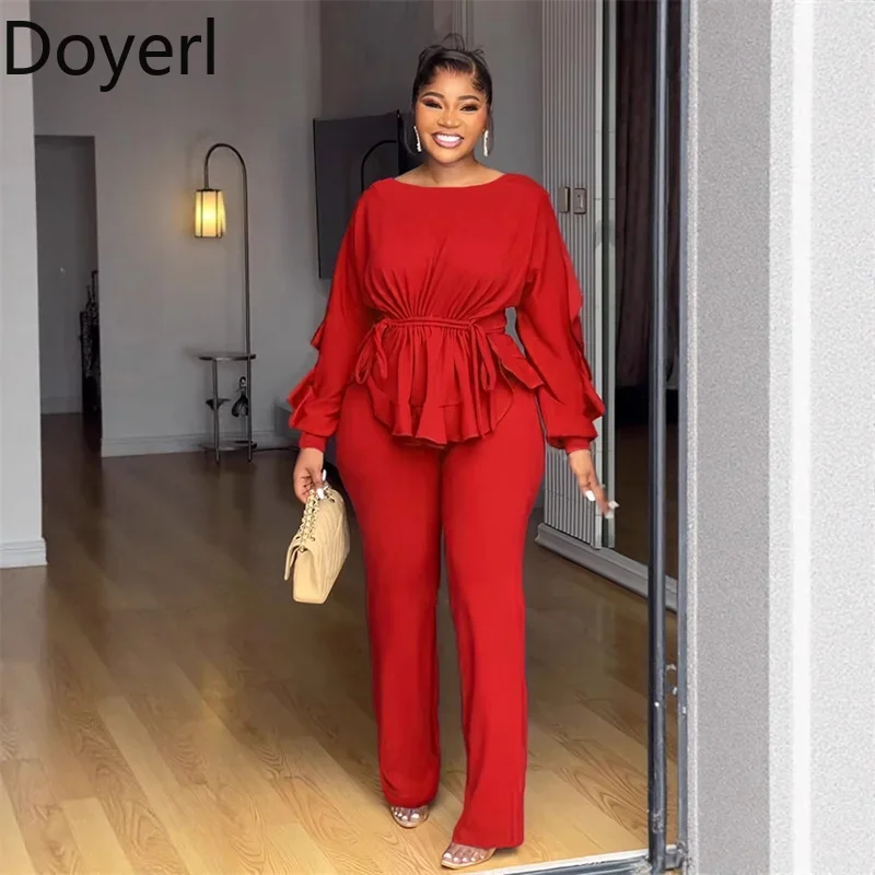 Doyerl Solide 2-teilige Sets Damen-Outfits, elegante Club-Party, Laternenärmel, Kordelzug, gerüschte Rüschen, Top und Hose, passende Sets Image