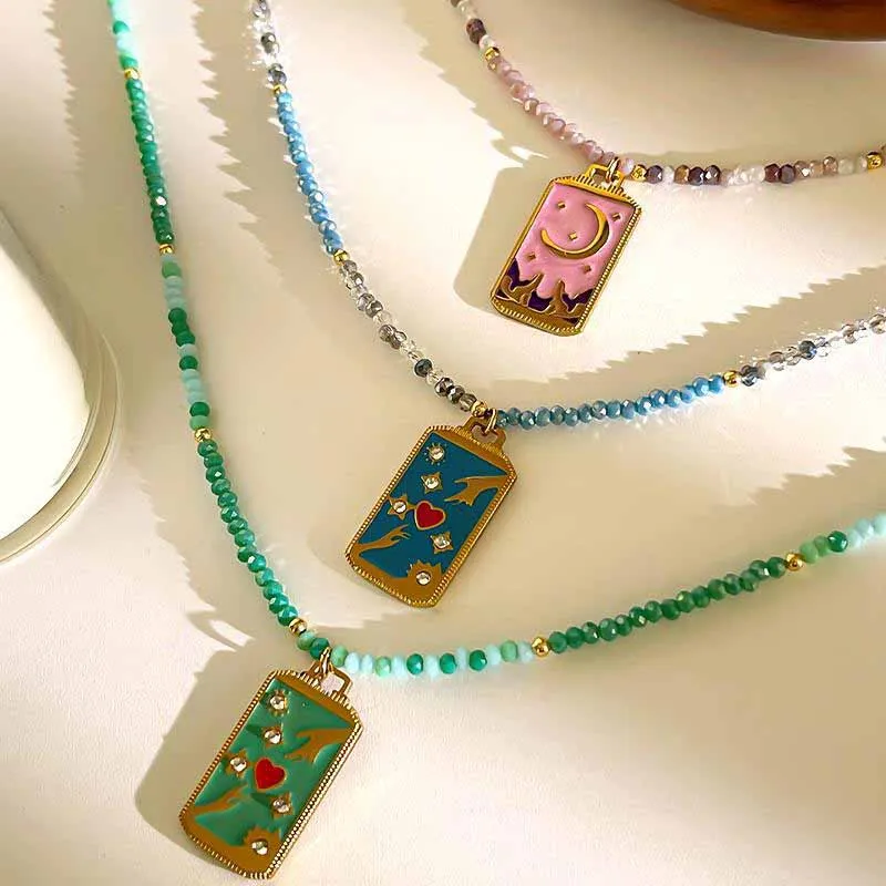 Loe | Bunte tropfende quadratische Halskette für Frauen und Mädchen, Edelstahl-Strass-Schmuck im französischen Stil Image