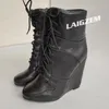 DOHBANER Stiefeletten mit runder Spitze, Keilabsatz, Schnürung, High Heels, kurze Stiefeletten, handgefertigte Damenschuhe, große Größe 39, 43, 45, 48, 52