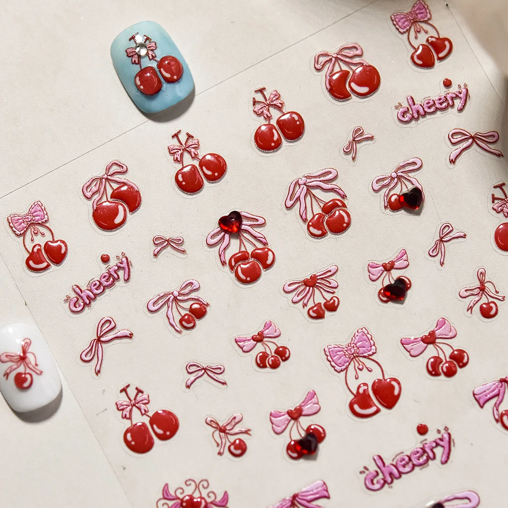 Süße saftige rote Kirsche Schleife 5D Nail Art Aufkleber schöne glänzende Kristall Strass selbstklebende Dekoration Maniküre Aufkleber DIY Image