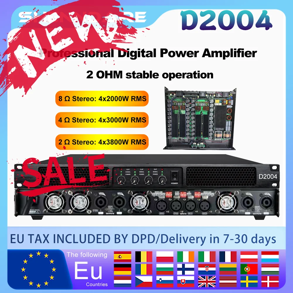 ShennDare D2004 Professioneller, stabiler 2-Ohm-4X3800-W-Digital-Audio-Leistungsverstärker, 4-Kanal-Klasse-D-Verstärker, DJ-Subwoofer-Verstärker, 4x2000W, 8OHM Line-Array-Lautsprecher-Vorverstärker Image