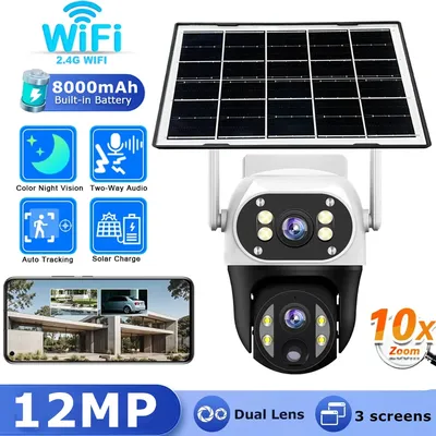 WIFI 12MP Solar Kamera Zwei objektiv 3 bildschirm Wasserdichte CCTV Outdoor PTZ Steuerung Motion Tracking Farbe Nachtsicht Mini solar