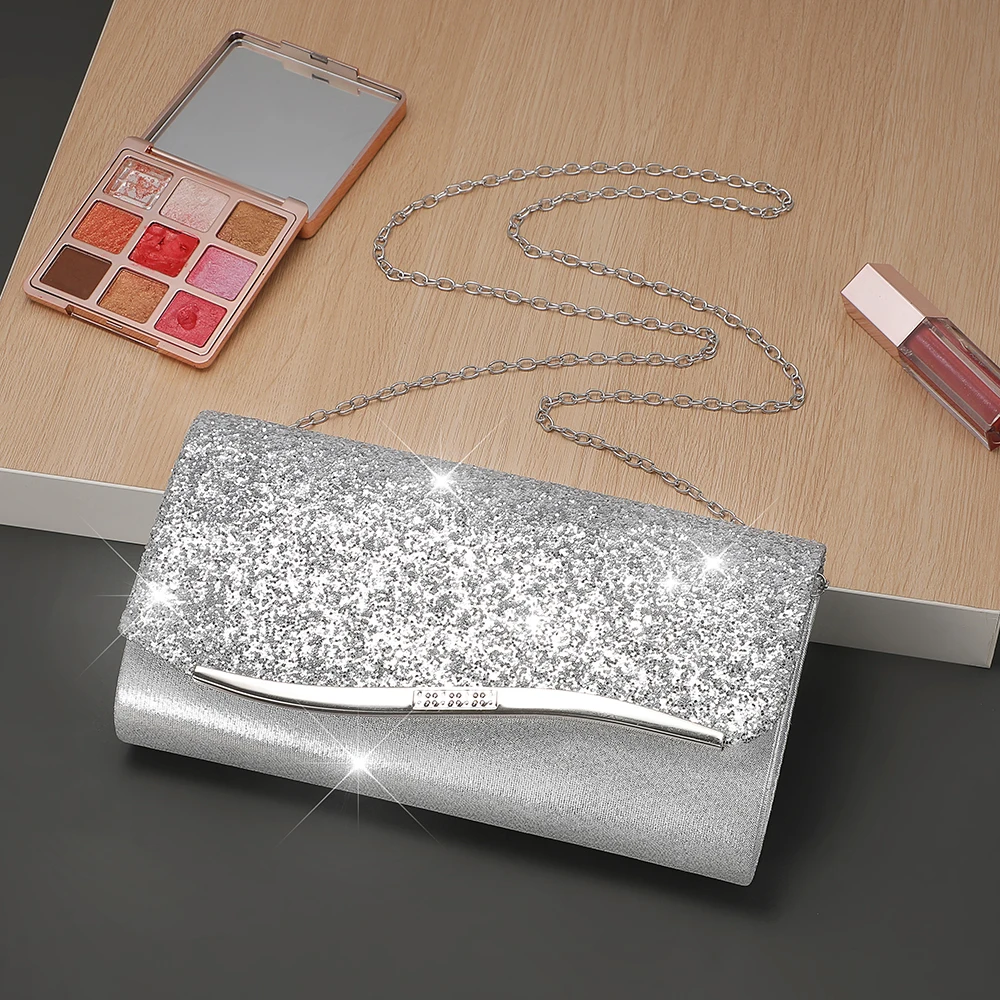 Elegante, exquisite Abendkleid-Tasche, kleine Kosmetik-Aufbewahrungstasche, glänzende Abendessen-Tasche, Umhängetasche mit Metallkette, Damenmode, Geschenk vor Image