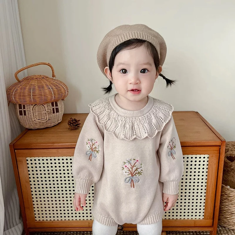 2023 herbst Neugeborenen Overalls Stickerei Kinder Gestrickte Kleidung Baby Mädchen Gestrickte Bodys Rüschen Kragen Spleißen Strampler Image