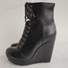 LAIGZEM Damen-Stiefeletten mit Plateausohle, Keilabsatz, Schnürung, runde Zehen, Kunstleder, kurze Stiefeletten, Damenschuhe, große Größe 41, 43, 46, 48