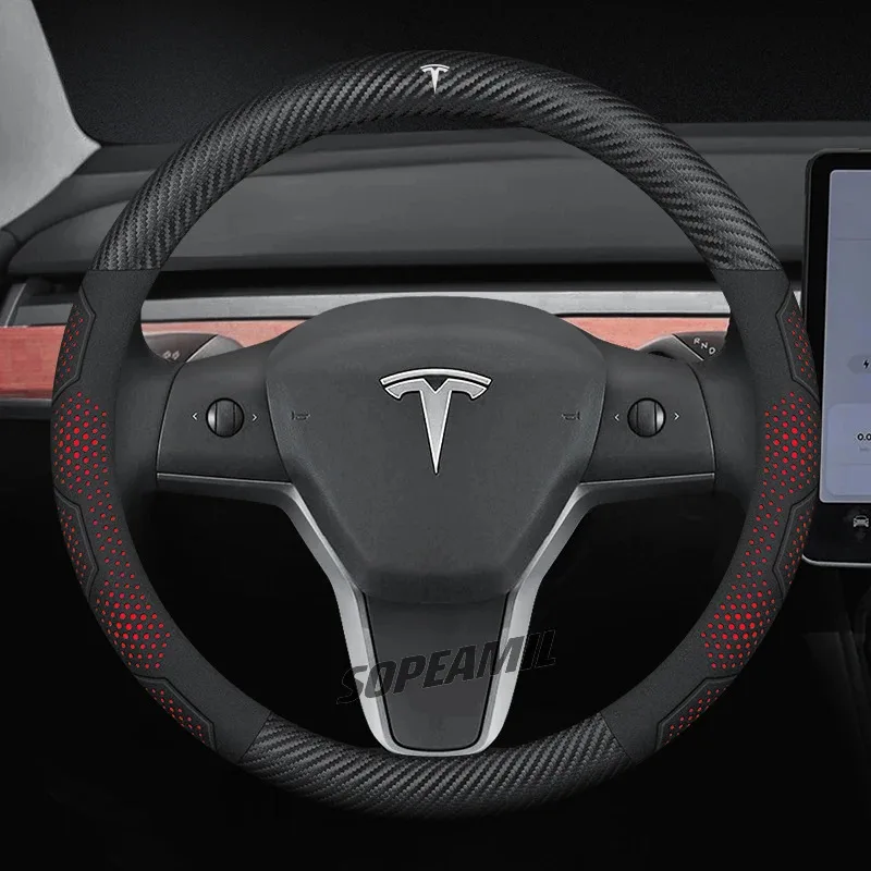 Auto Leder Carbon Faser Anti-Slip Protector Lenkrad Abdeckung Für Tesla Roadster Modell 3 Modell Y Modell S modell X Zubehör Image