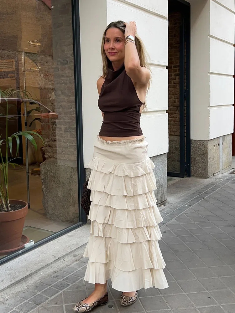 HH Frauen Feste Elastische Taille Laminierte Dekoration Rock Sommer Weibliche Elegante A-Line Falten High Street Midi Röcke Trendy Image