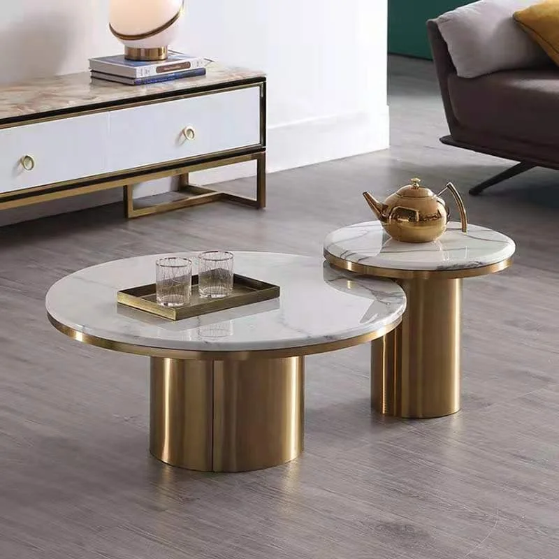 Modernes rundes Couchtisch-Set im Großhandel, 2, luxuriöser Wohnzimmer-Mitteltisch mit Marmorplatte und goldenem Edelstahl und Beistelltisch Image
