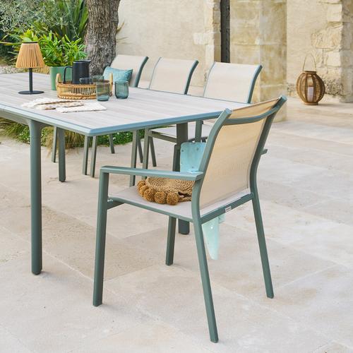 Ensemble table de jardin DILORS + 10 fauteuils empilables ESSENTIA Lin Laurier places - Aluminium traité époxy Hespéride