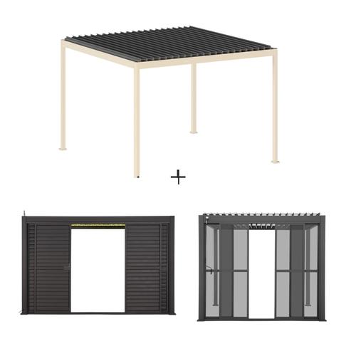 Pergola EVORA électrique avec 12 persiennes fixes et 2 coulissantes 6 x 3,6 m - Aluminium traité époxy Hespéride