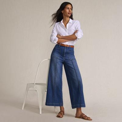 Wide Leg Cropped Patch Pocket Jeans, High Waisted, Women, size: 12, regular, Blue, Spandex/Cotton-blend/Poly-blend, by Lands' End