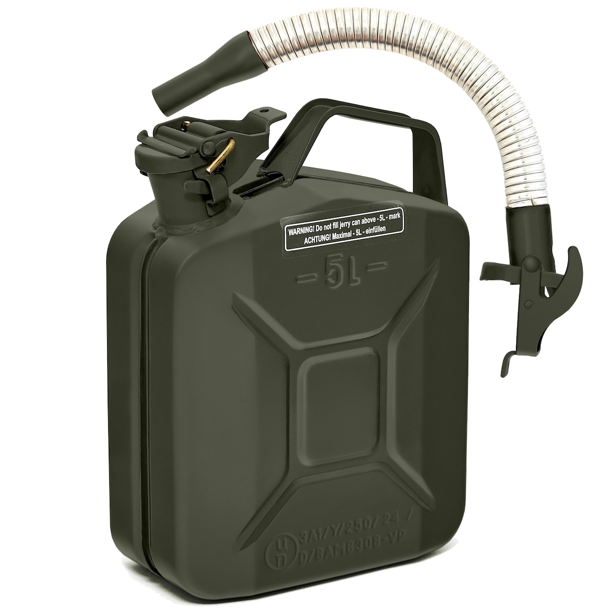 BW® Kraftstoffkanister Metall Benzinkanister 5 Liter mit Ausgießer - Bronzegrün - RAL 6031-F9 - TÜV-geprüft und UN-Zulassung - Made in Europe Image