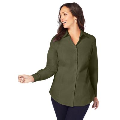 Plus Size Women's Wrinkle-Free Stretch Poplin Shirt by Jessica London in Dark Olive Green (Size 18 W) Button Down Blouse